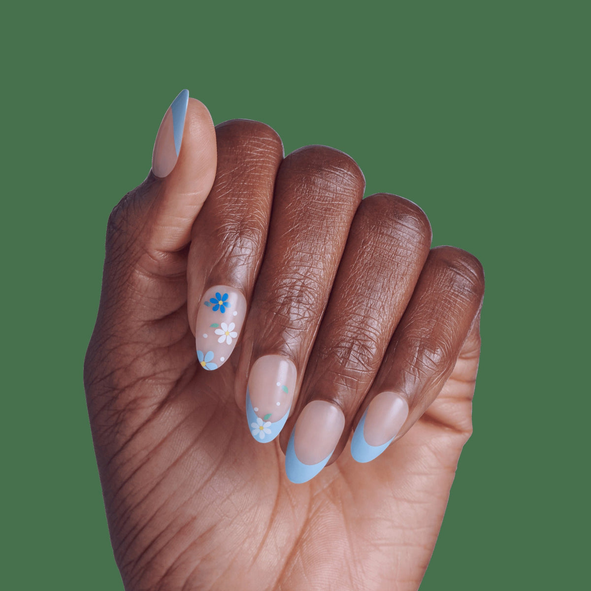 Impress Design No Glue Fake Press On Nails - Golden Nest | French Design, Blue, Medium, Almond, Manicure