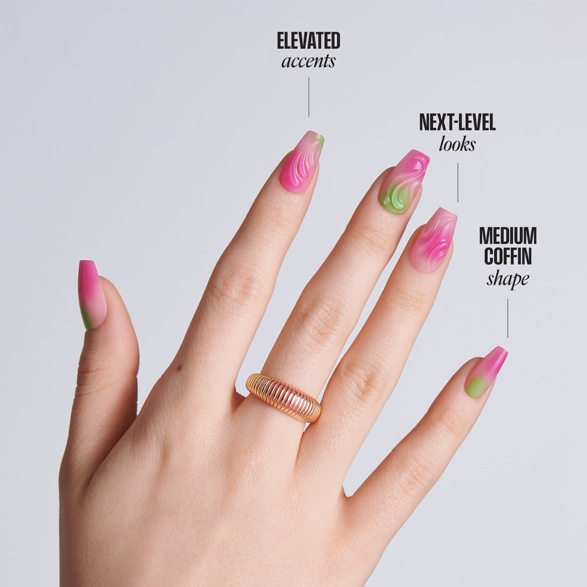 Kiss Glam Jeweled Press On Fake Glue Nails - Coconut Coast | 3D & Jewel Design, Pink & Green, Medium, Coffin