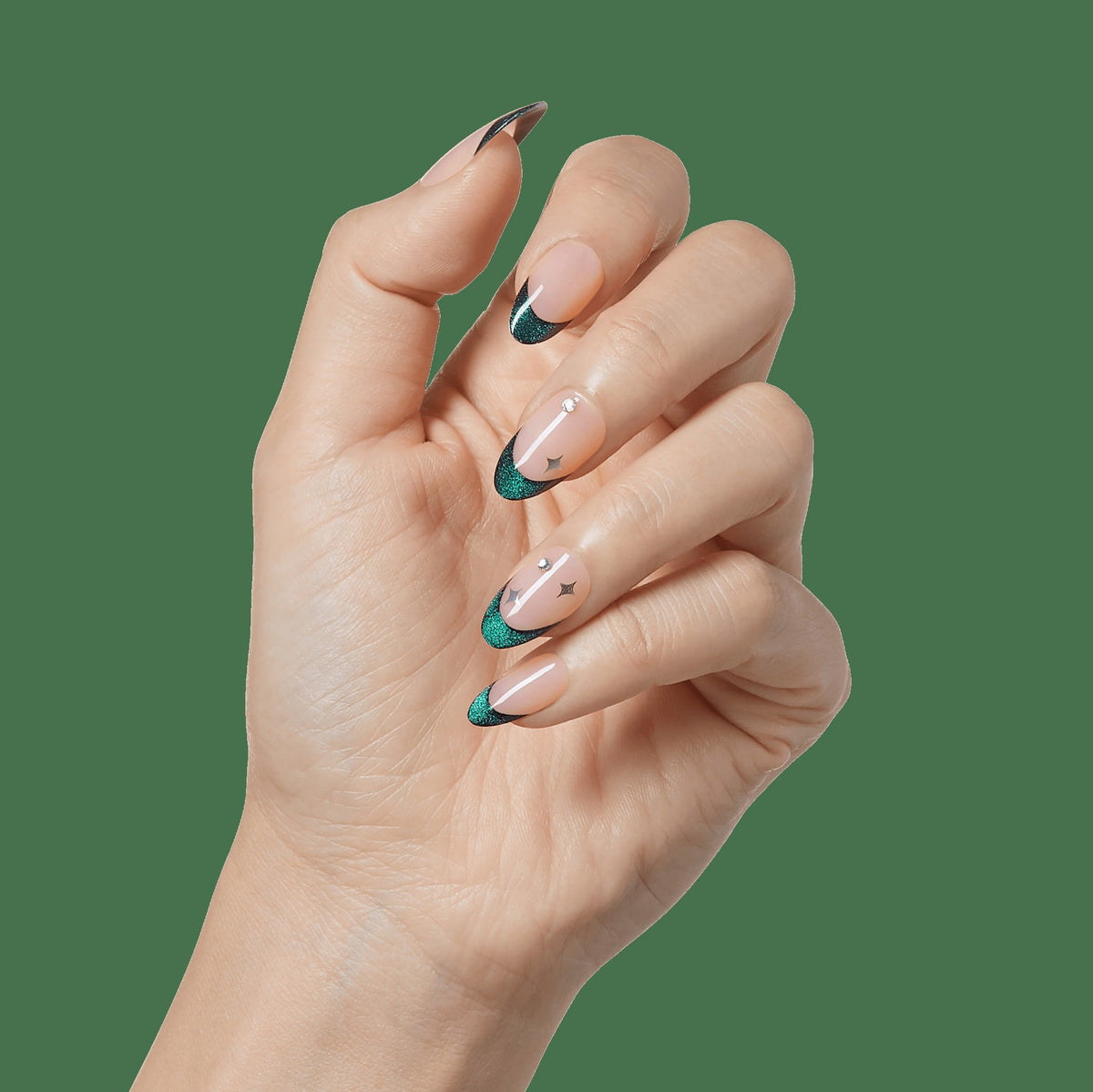 Impress Premium No Glue Fake Press On Nails - Visions | 3D & Jewel French, Metallic Green, Medium, Almond, Manicure