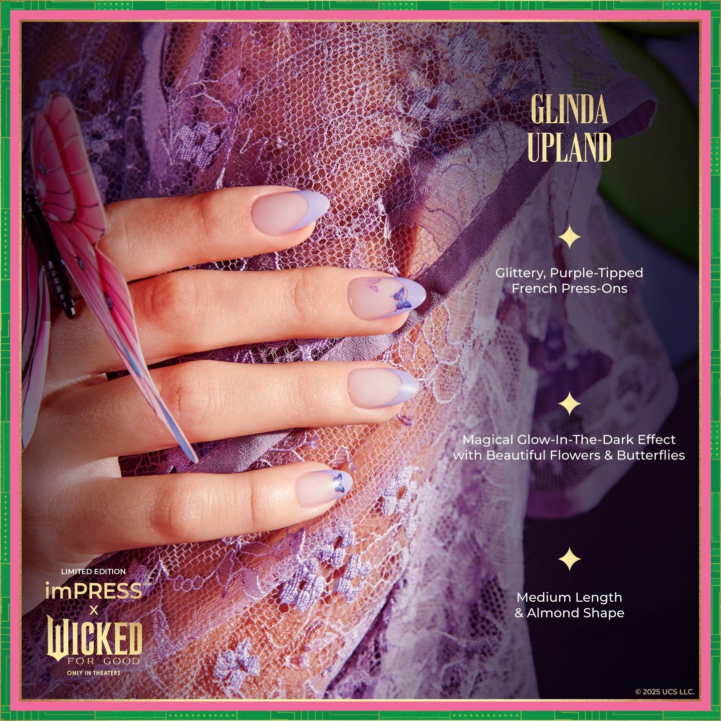 Impress X WICKED: FOR GOOD | Glinda Upland | French Design, Purple, Medium, Almond, Manicure