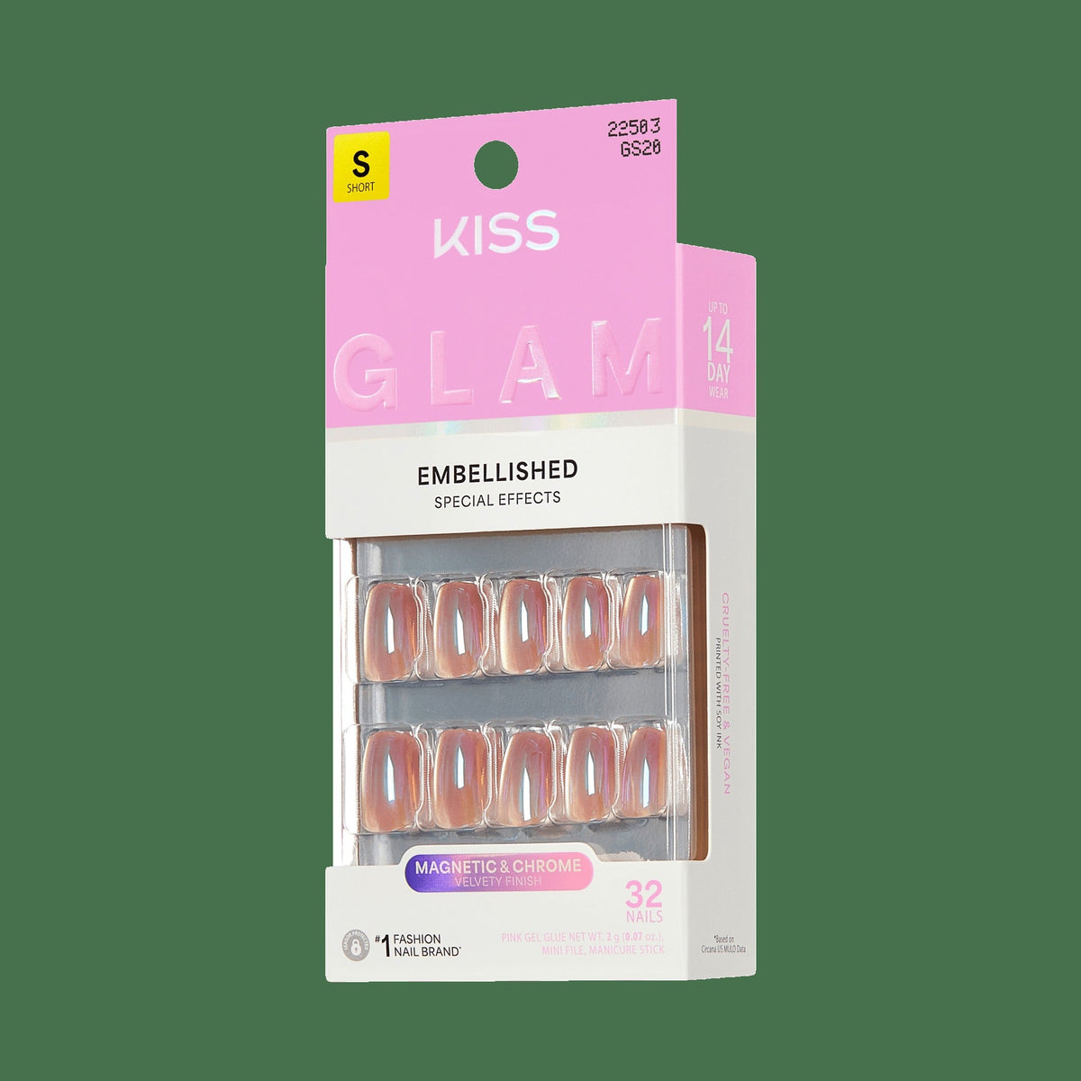 Kiss Glam Embellished Press On Fake Glue Nails - Golden Hour Affairs | Design, Pink, Short, Squoval