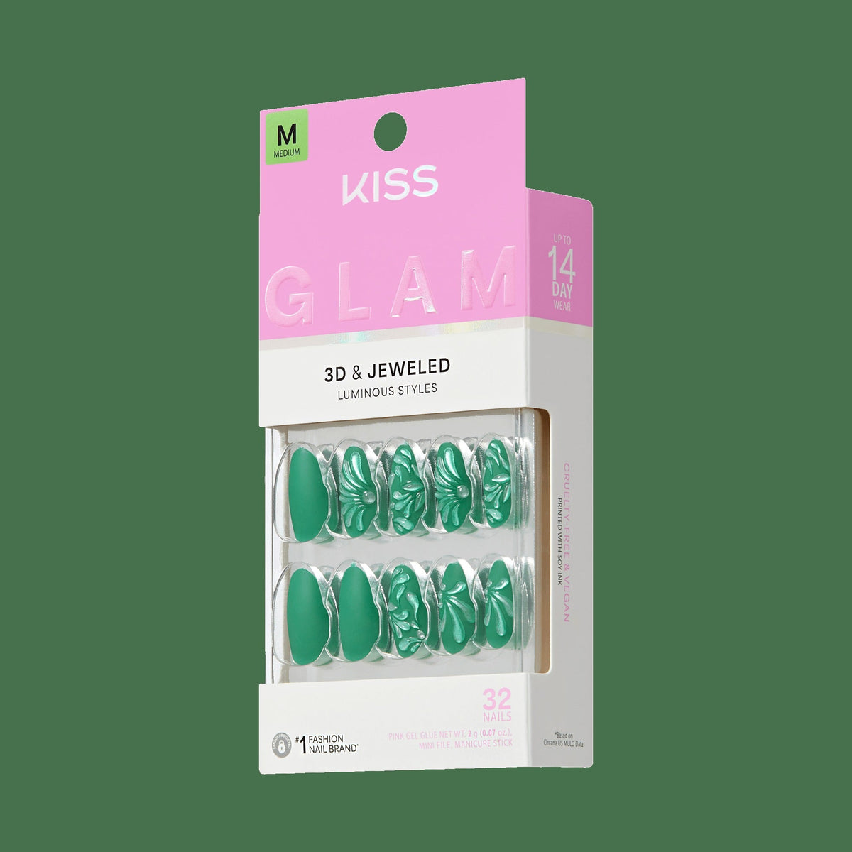 Kiss Glam Jeweled Press On Fake Glue Nails - Tropical Glow | 3D & Jewel Design, Green, Medium, Almond