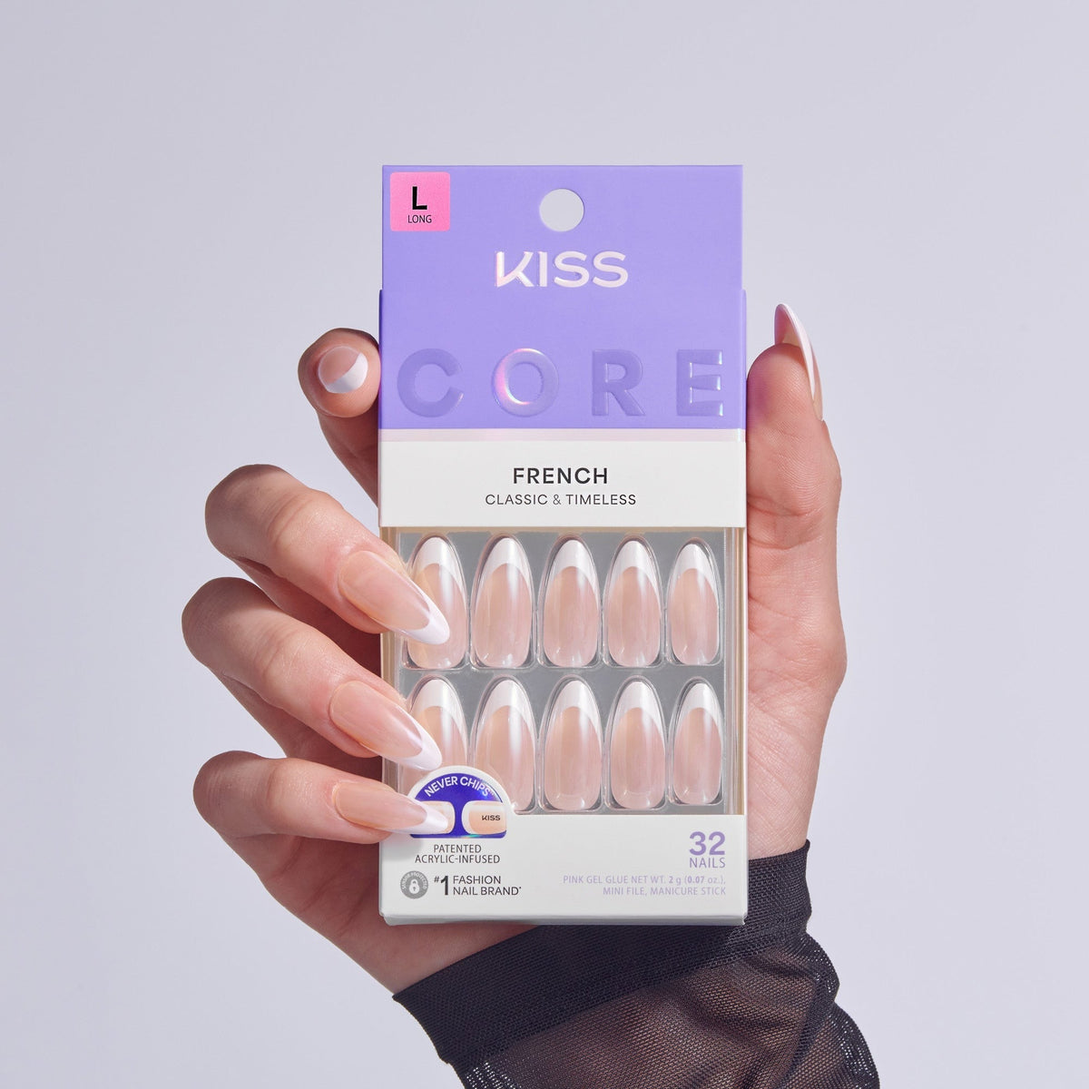 Kiss Core French Press On Fake Glue Nails - Fascinating | French Tips, White, Long, Almond