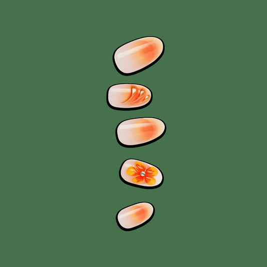 Impress Design No Glue Fake Press On Nails - Sea Bloom | 3D & Jewel Design, Orange, Medium, Oval, Manicure