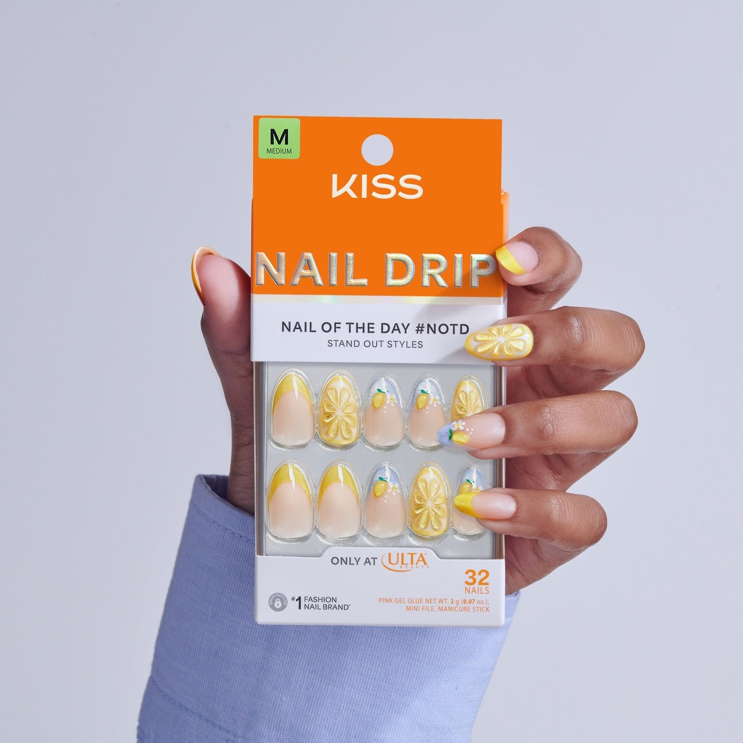 Kiss Nail Drip Press On Fake Glue Nails - Euphoric Leap | 3D & Jewel French Design, Yellow, Medium, Almond