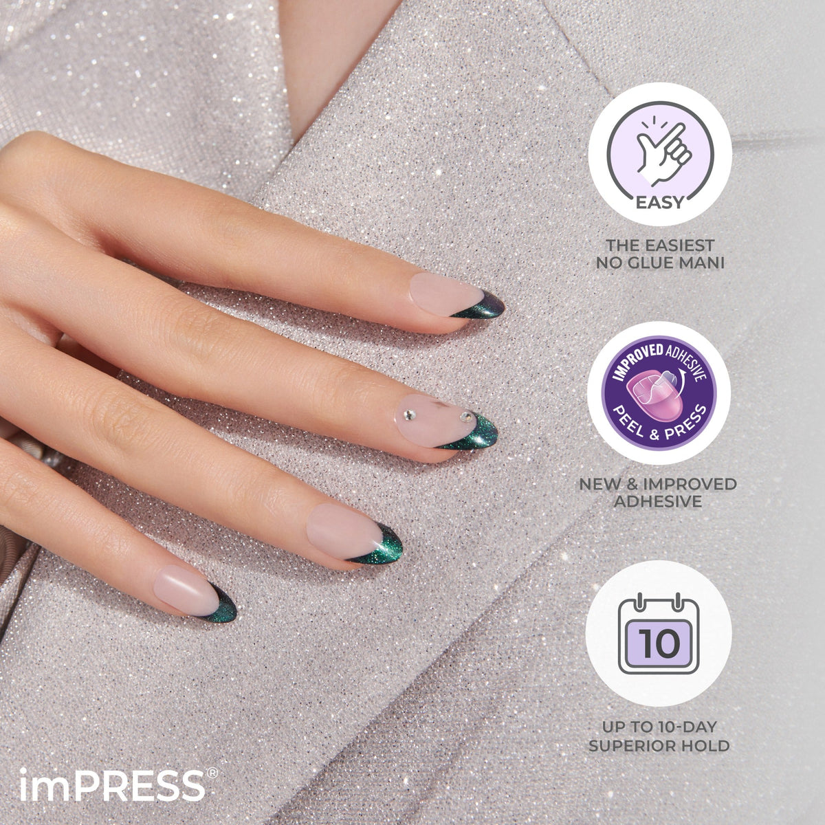 Impress Premium No Glue Fake Press On Nails - Portal | 3D & Jewel Design, Purple, Medium, Coffin, Manicure