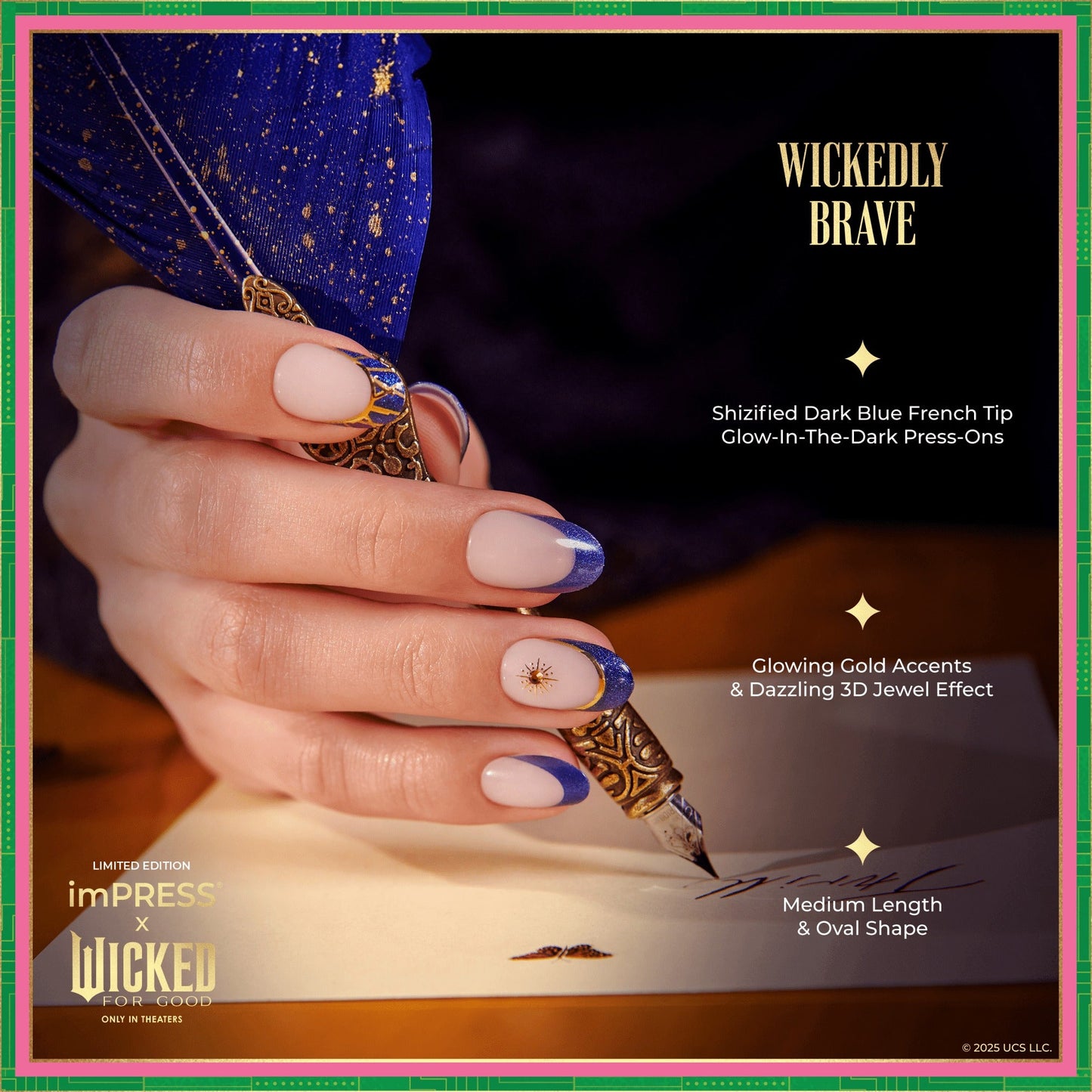 Impress X WICKED: FOR GOOD | Wickedly Brave | 3D & Jewel French Design, Blue, Medium, Oval, Manicure
