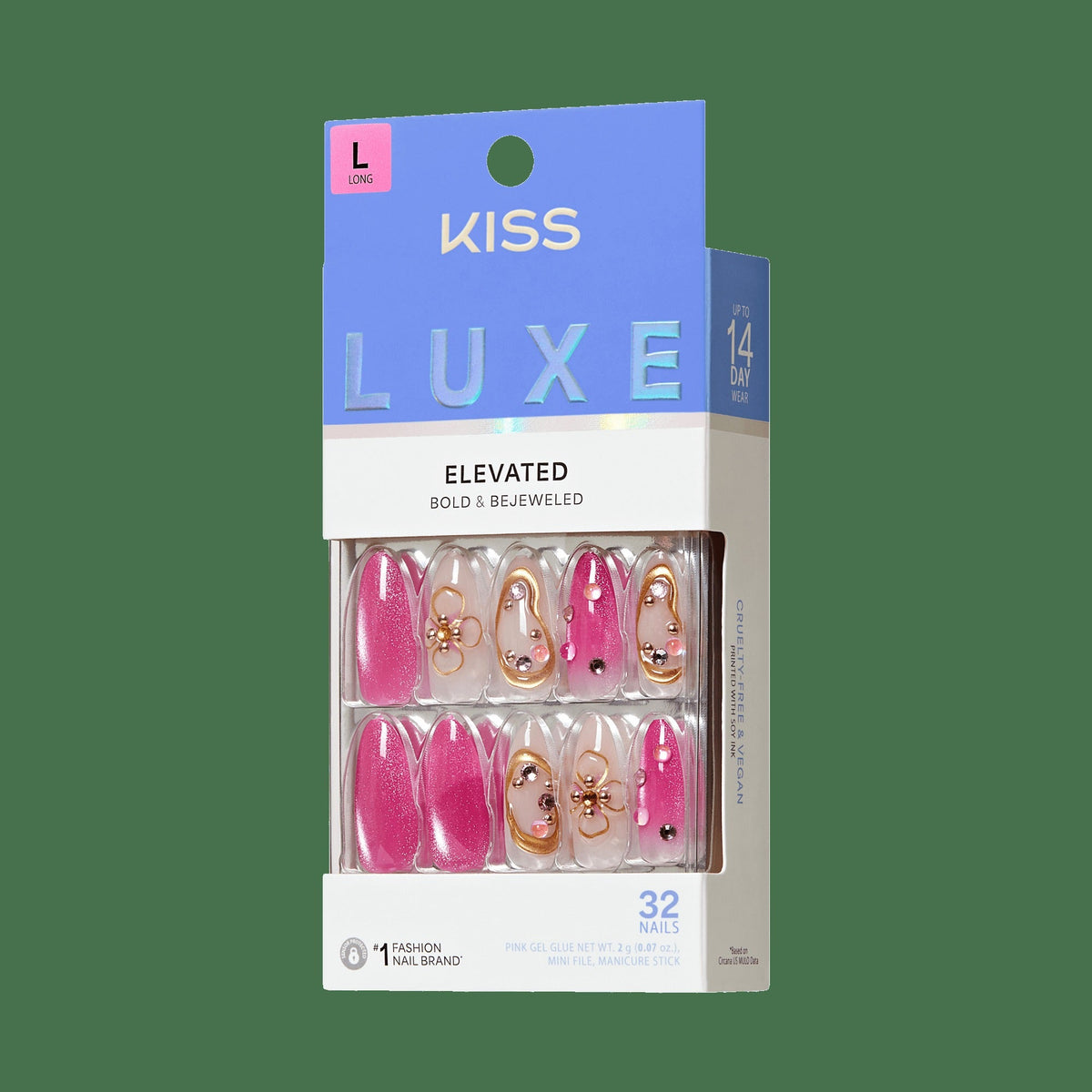 Kiss Luxe Press On Fake Glue Nails - Aurelia Meadow | 3D & Jewel Design, Pink, Long, Almond