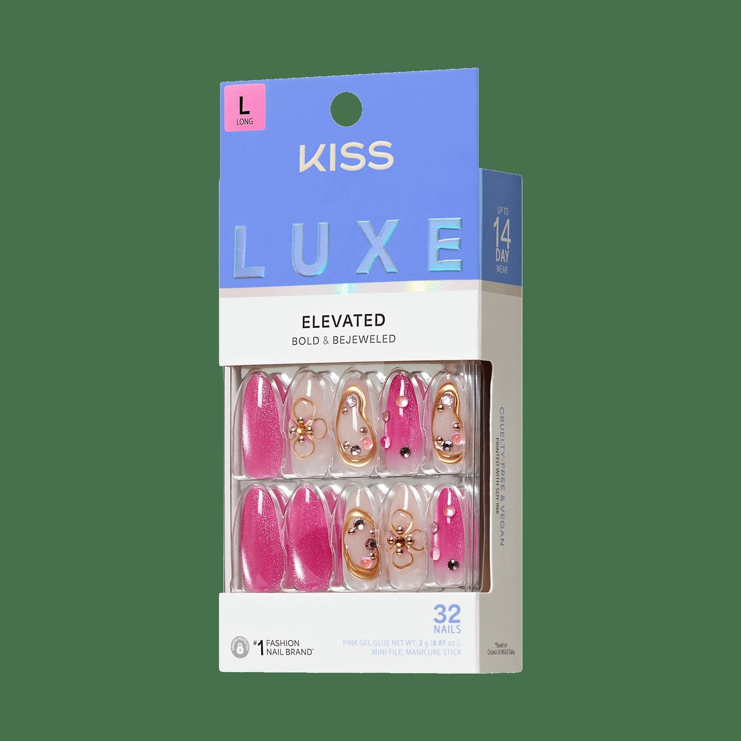 Kiss Luxe Press On Fake Glue Nails - Aurelia Meadow | 3D & Jewel Design, Pink, Long, Almond