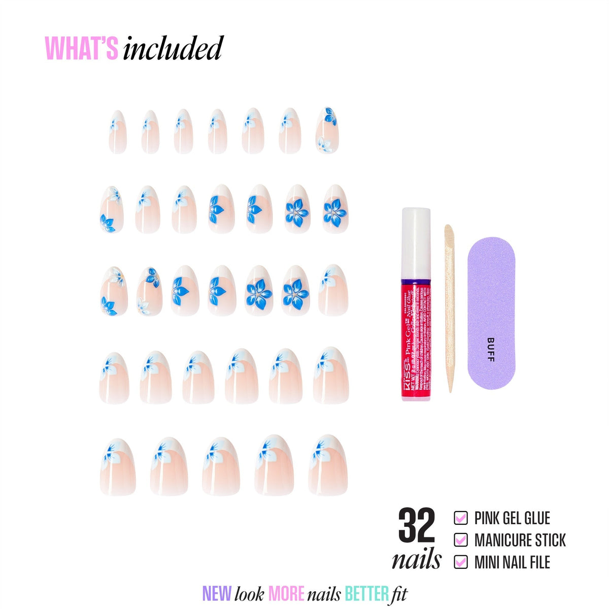 Kiss Glam Jeweled Press On Fake Glue Nails - Summer Drip | 3D & Jewel French Design, Blue & White, Medium, Almond