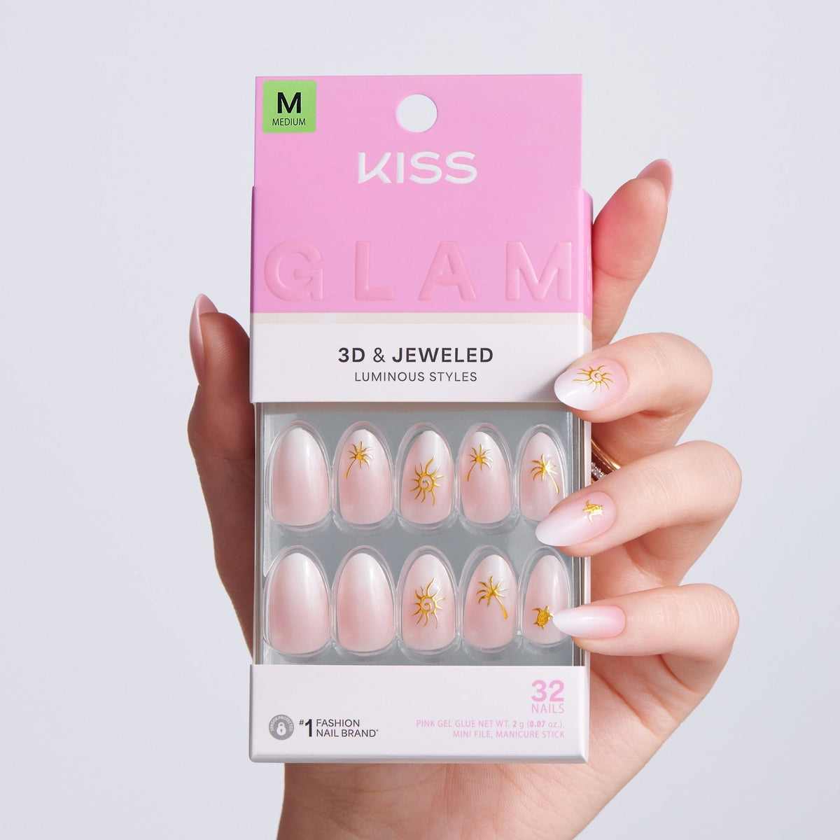 Kiss Glam Jeweled Press On Fake Glue Nails - Ocean Air, Salty Hair | 3D & Jewel Design, Pink, Medium, Almond
