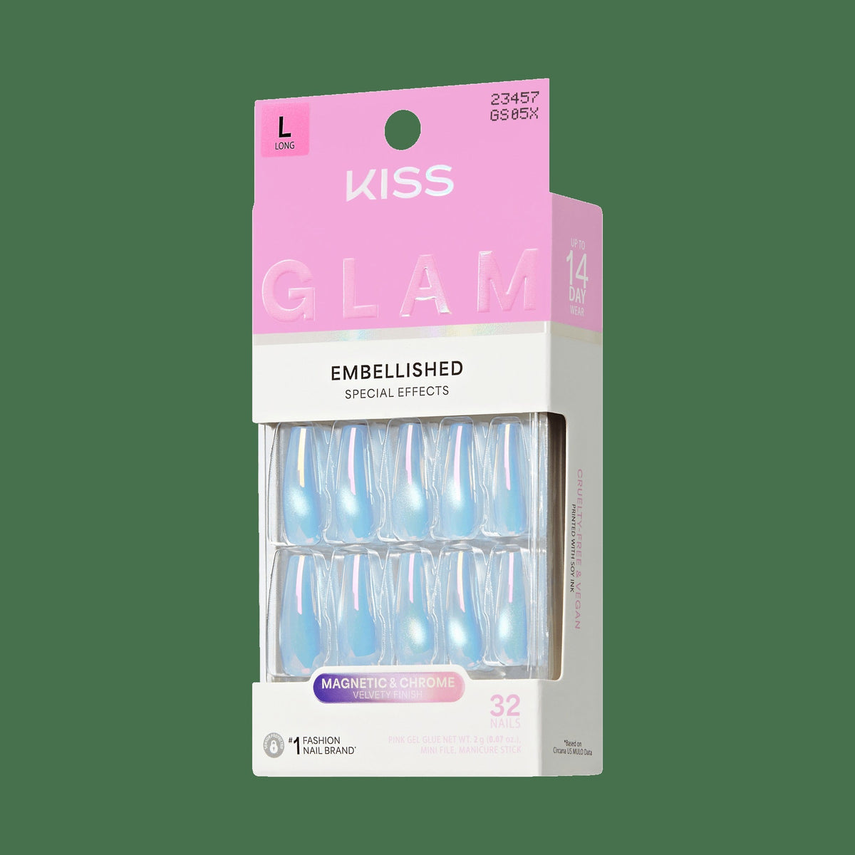 Kiss Glam Embellished Press On Fake Glue Nails - Light Me Softly | Design, Blue, Long, Coffin