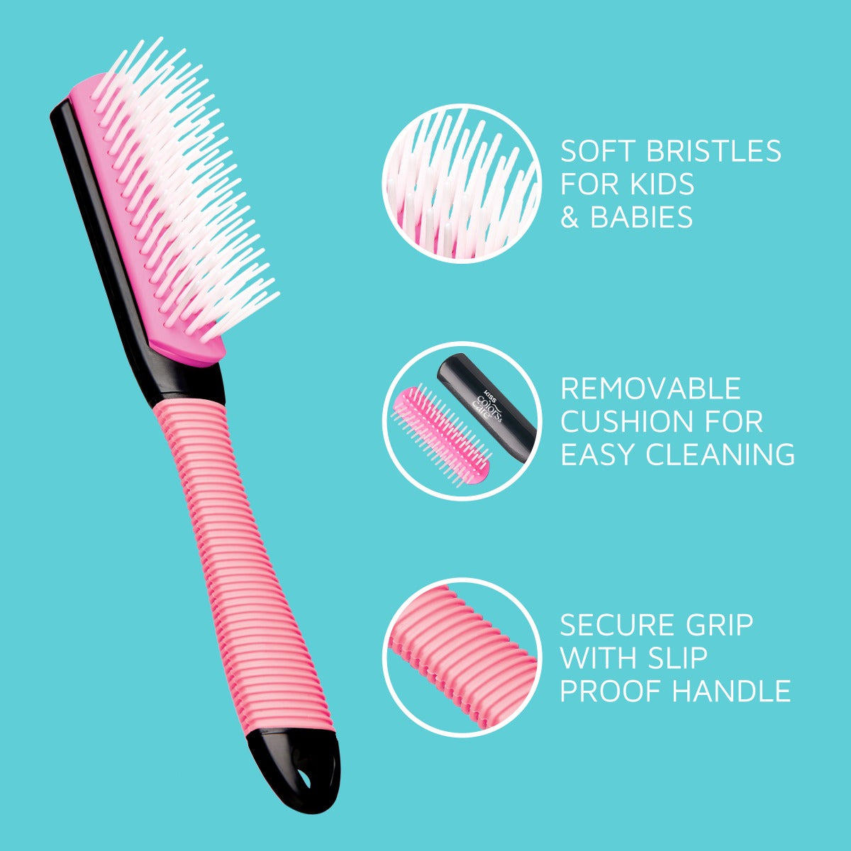 Kiss Colors & Care Mini Non-Slip Soft Bristle Detangling Brush - Pink | Detangling Brush, Curl Brush