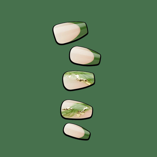 Impress Design No Glue Fake Press On Nails - Ballerina | French Design, Green, Medium, Coffin, Manicure