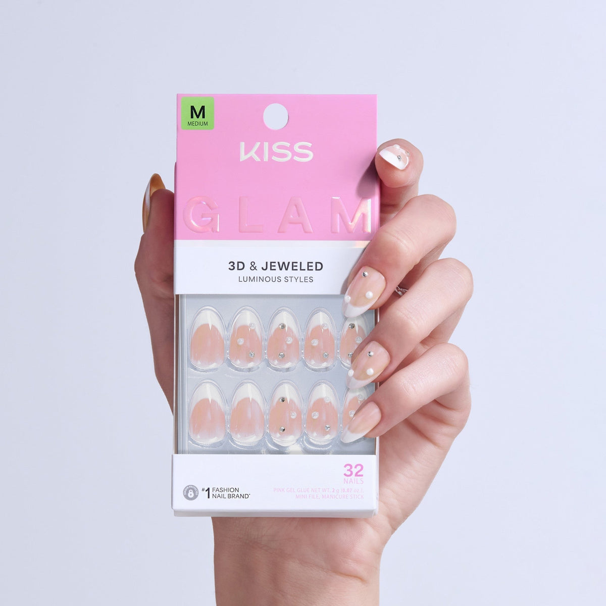 Kiss Glam 3D & Jewel Press On Fake Glue Nails - Serendipity Awaits | 3D & Jewel French, White, Medium, Almond