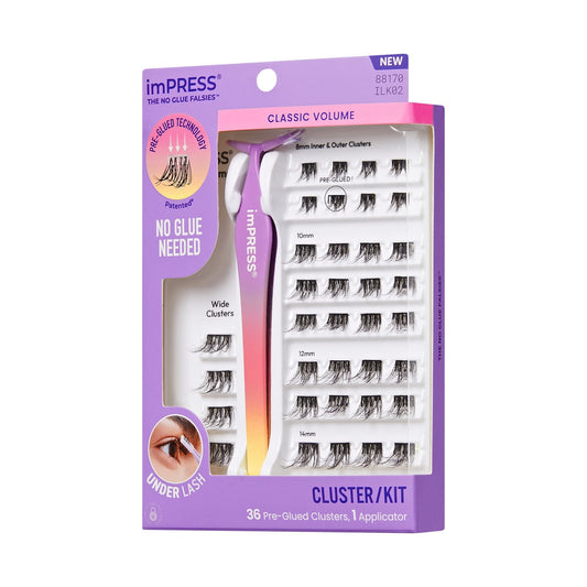 Impress Falsies Pre-Glued False Eyelashes Starter Kit - Classic Volume | 36 Lash Clusters, With Applicator, 12mm-14mm