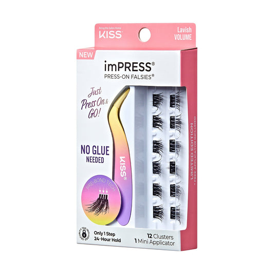 Impress Falsies Pre-Glued False Eyelashes Minipack - Lavish | 12 Lash Clusters, With Mini Applicator, 12mm-14mm