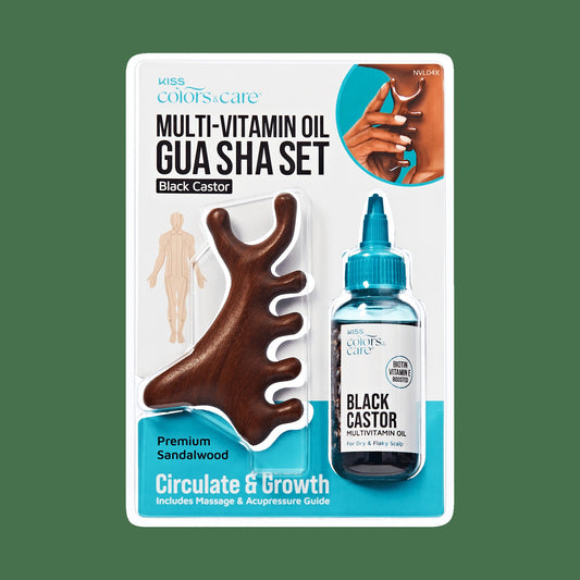 Kiss Colors & Care Multivitamin Oil & Gua Sha Tool - Black Castor | Circulate & Growth, Hair & Body, Beauty Products, Gift Set