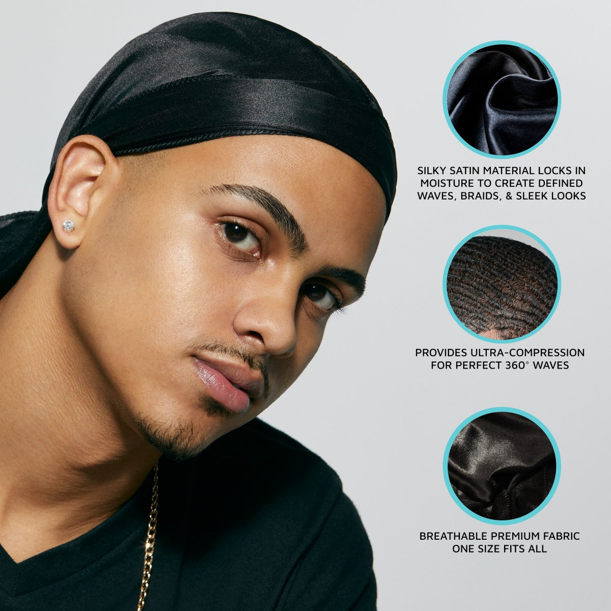 Kiss Colors & Care Power Wave Silky Satin Pattern Durag - Black & Gold | Silk Durag, Wave Cap, One Size, Hair Accessories