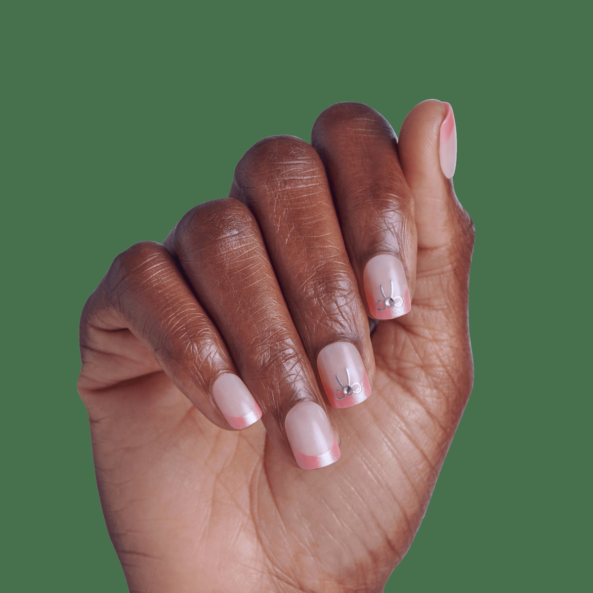 Impress Design No Glue Fake Press On Nails - Soft Petals | 3D & Jewel French Design, Pink, Short, Squoval, Manicure