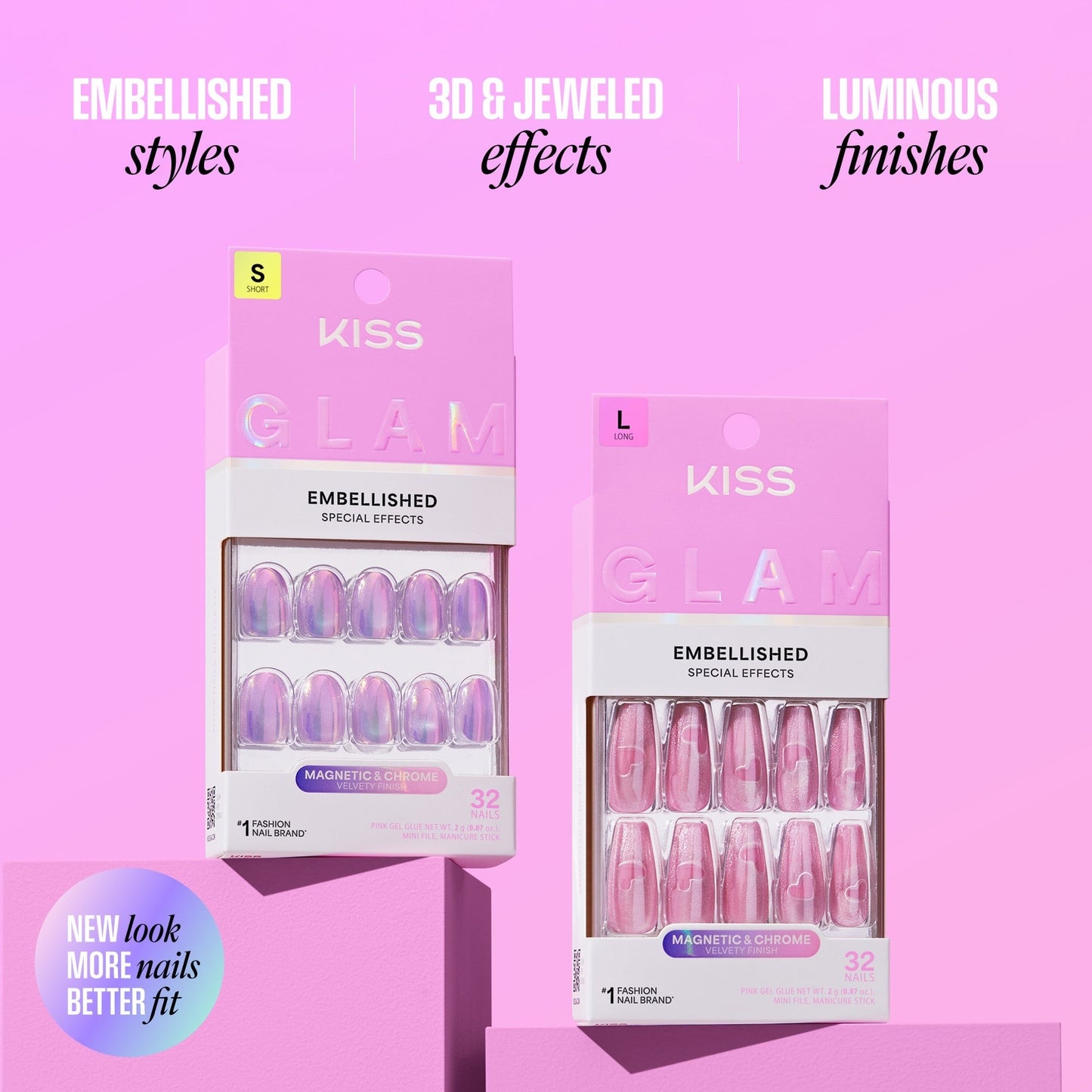 Kiss Glam Embellished Press On Fake Glue Nails - Glow Forever | Design, Blue, Medium, Almond