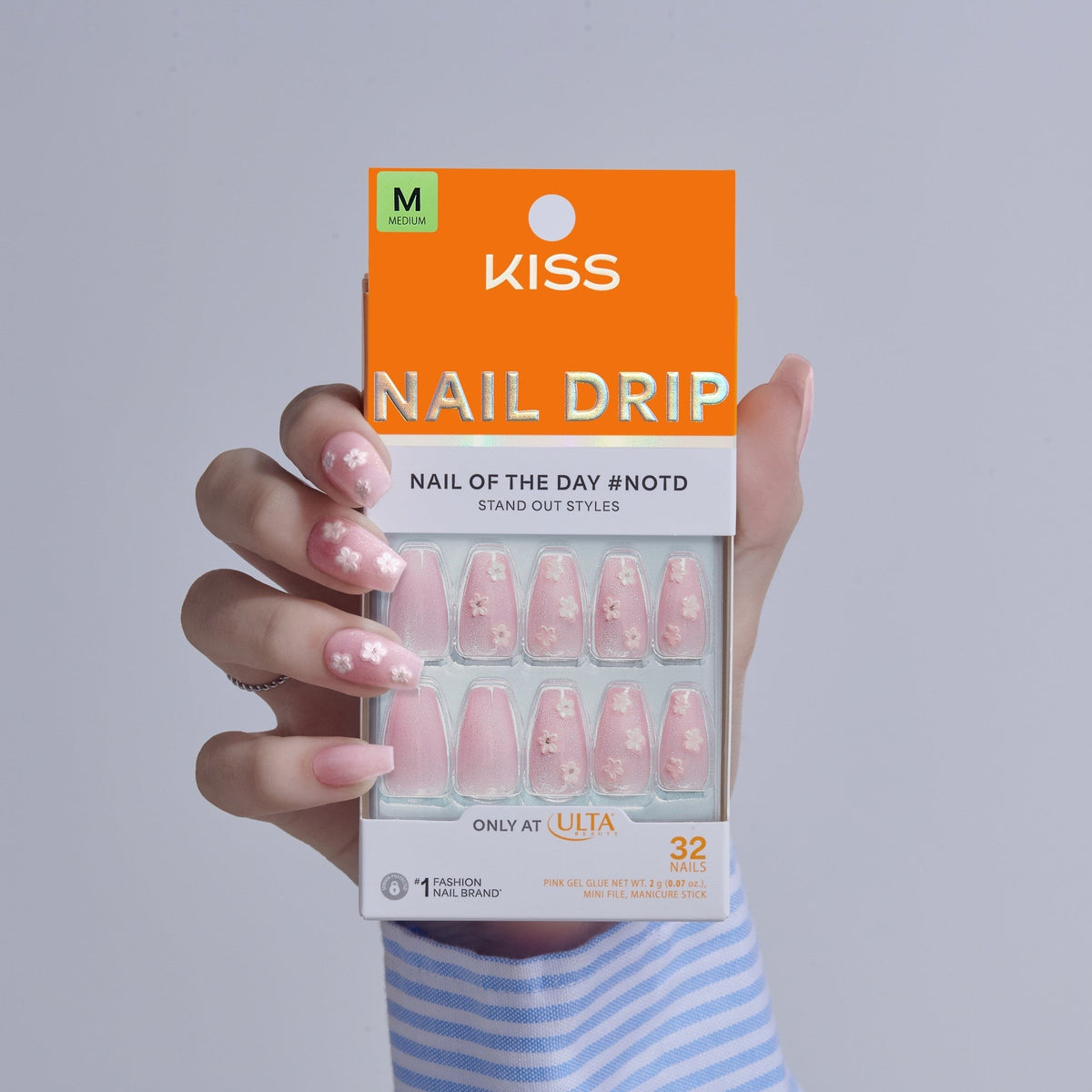 Kiss Nail Drip Press On Fake Glue Nails - Harmonious | 3D & Jewel Design, Pink, Medium, Coffin