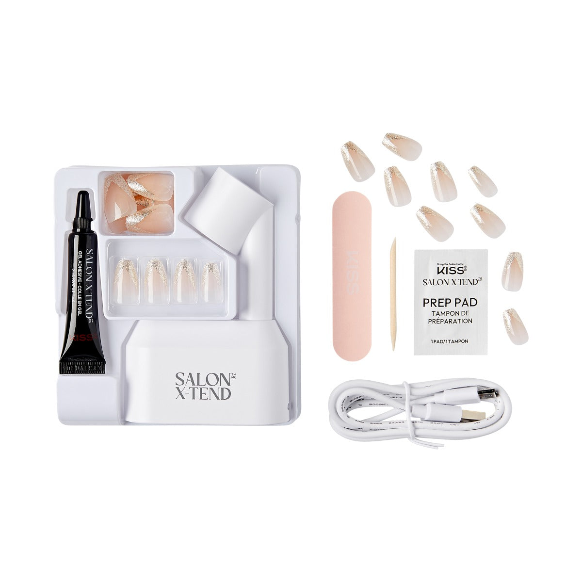 Kiss Salon X-tend LED Soft Gel Press On Nail Starter Kit System - Idol | French, Metallic Gold, Medium, Coffin