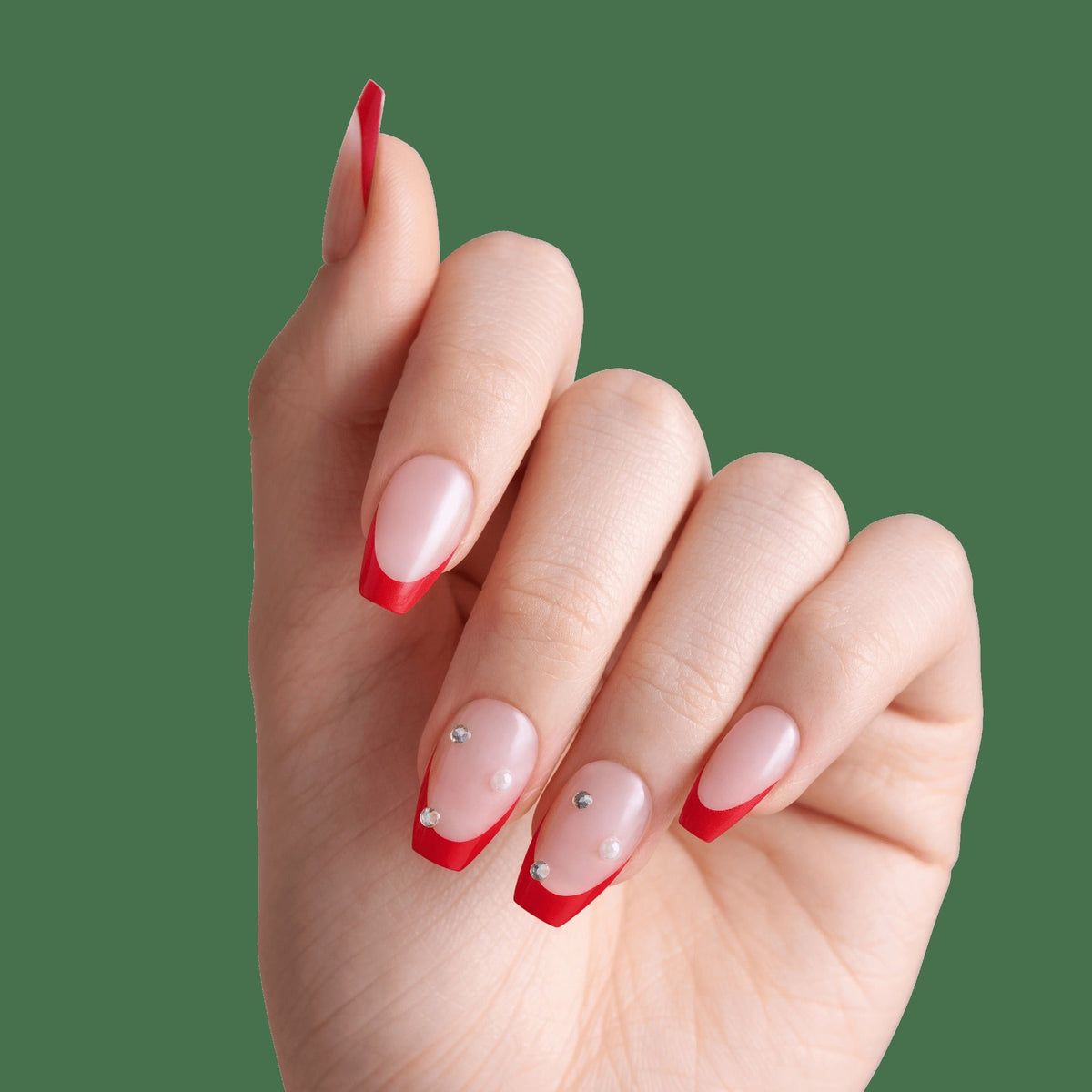Impress Design No Glue Fake Press On Nails - Happy World | 3D & Jewel French, Red, Medium, Coffin, Manicure
