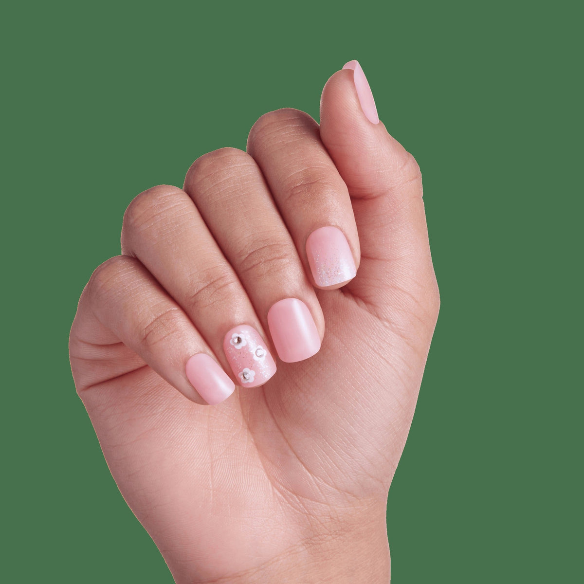 Impress Design No Glue Fake Press On Nails - The Beginning | 3D & Jewel Design, Pink, Short, Squoval, Manicure