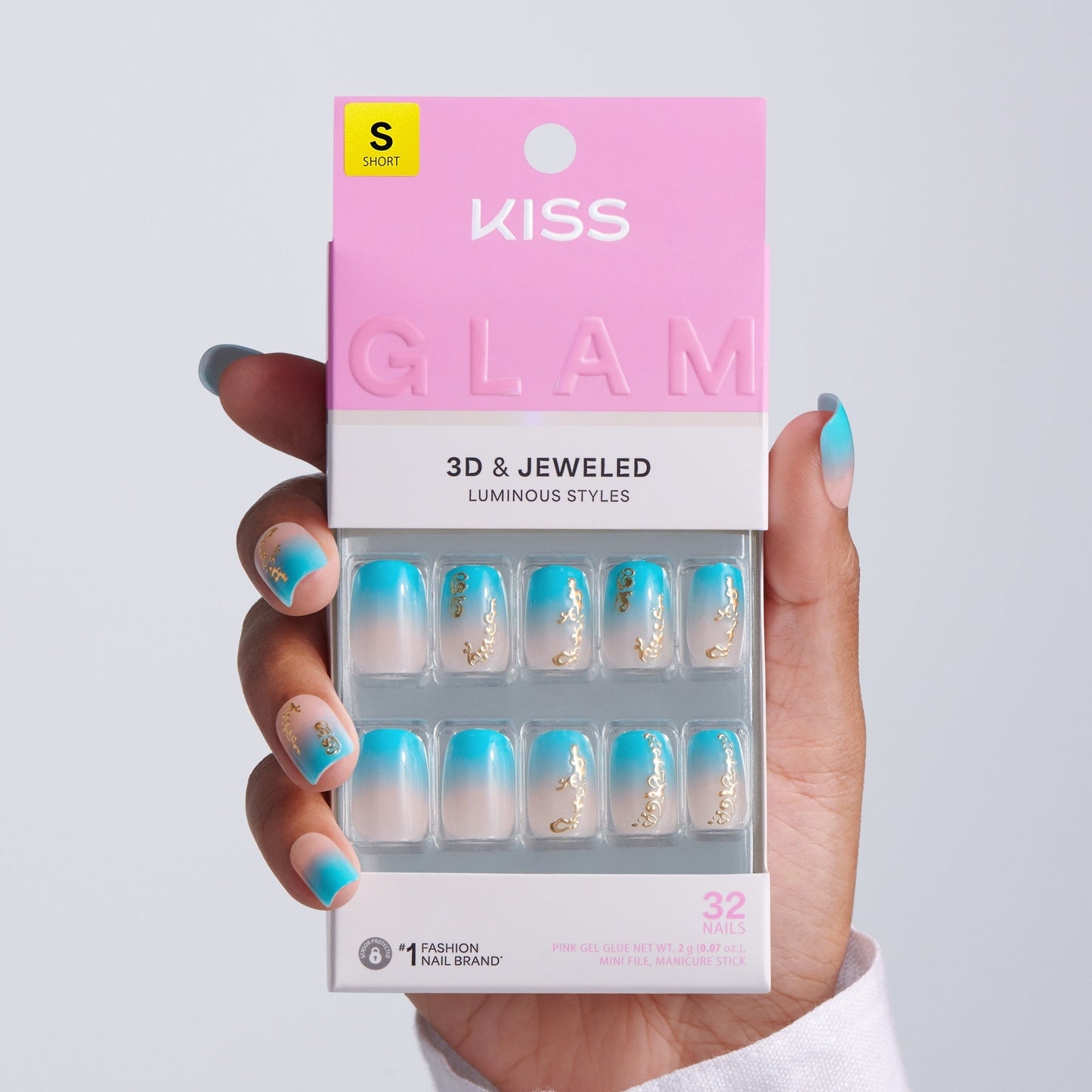 Kiss Glam Jeweled Press On Fake Glue Nails - Hello Sunshine | 3D & Jewel Design, Blue & White, Short, Squoval