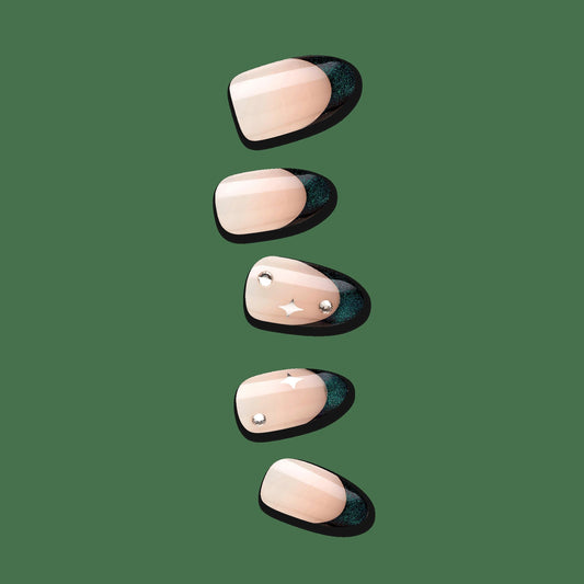 Impress Premium No Glue Fake Press On Nails - Visions | 3D & Jewel French, Metallic Green, Medium, Almond, Manicure