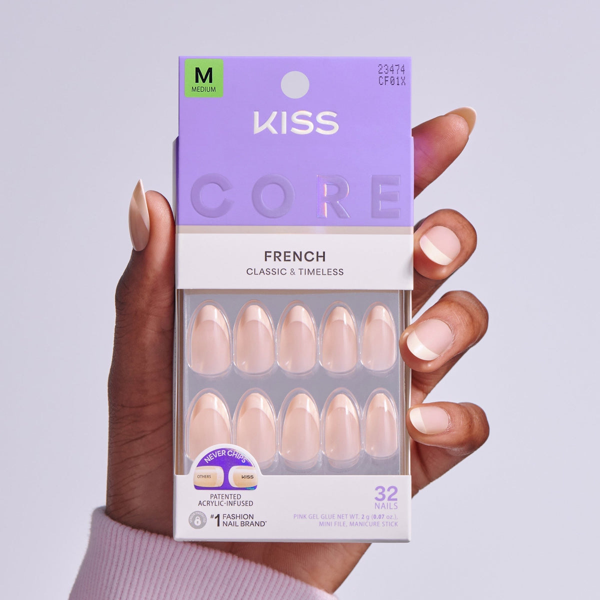 Kiss Core French Press On Fake Glue Nails - Dancing On Clouds | French Tips, Pink, Medium, Almond