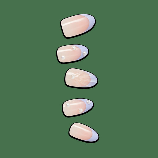 Impress Design No Glue Fake Press On Nails - Sky Breeze | 3D & Jewel French, Purple, Medium, Almond, Manicure