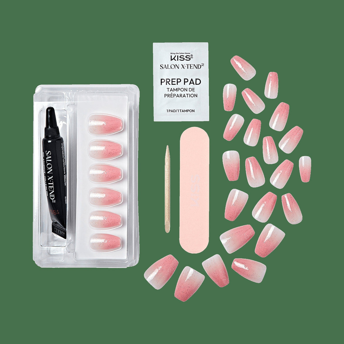 Kiss Salon X-tend Design Press On Soft Gel Nails - Detox | French Design, Pink, Medium, Coffin