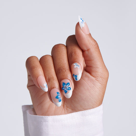 Kiss Glam Jeweled Press On Fake Glue Nails - Summer Drip | 3D & Jewel French Design, Blue & White, Medium, Almond