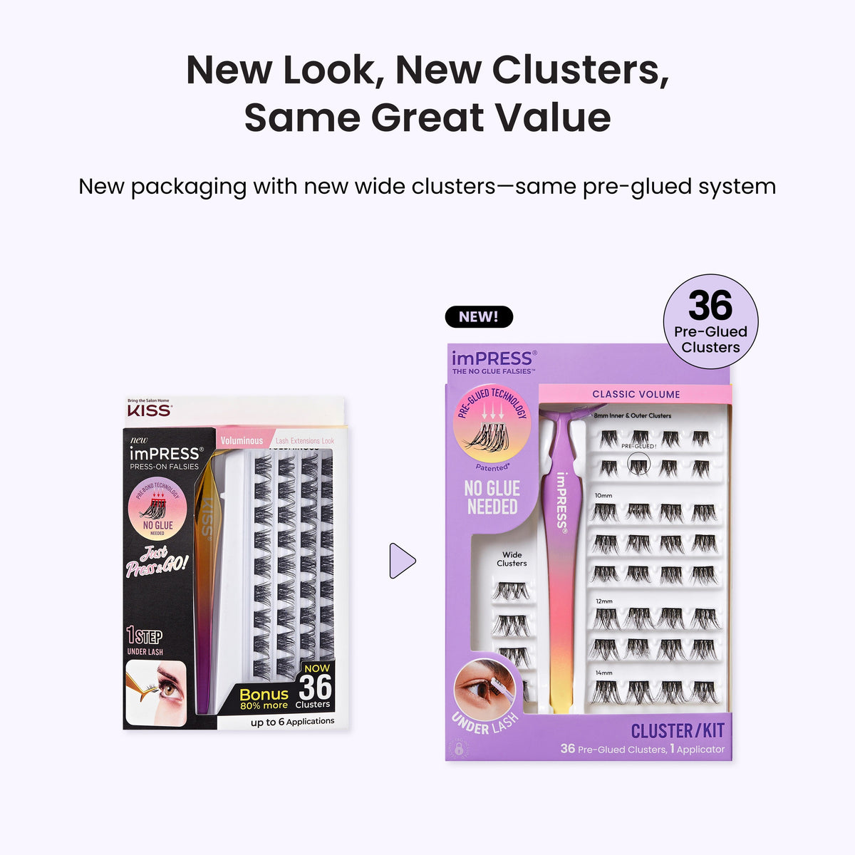 Impress Falsies Pre-Glued False Eyelashes Starter Kit - Classic Volume | 36 Lash Clusters, With Applicator, 12mm-14mm
