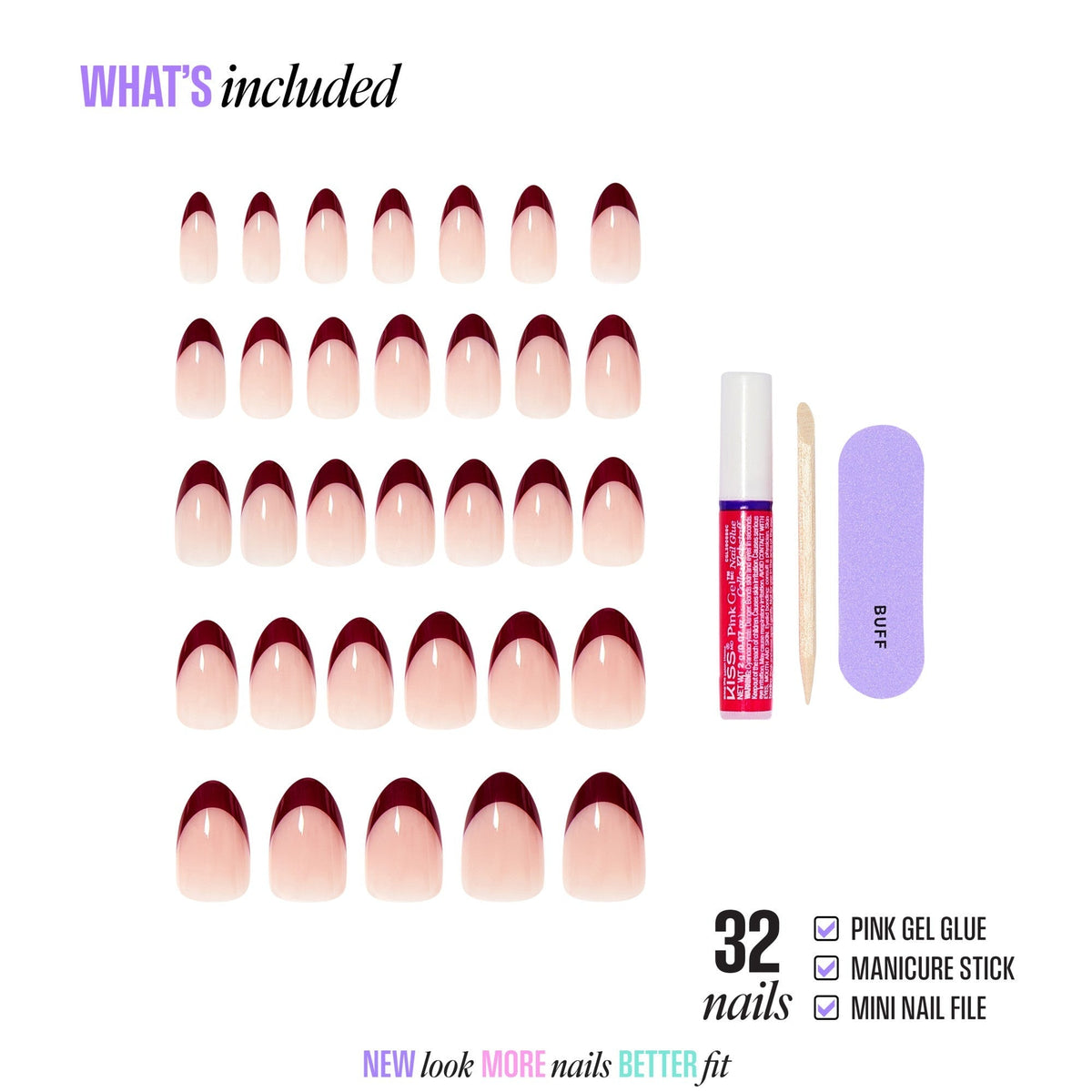 Kiss Core French Press On Fake Glue Nails - Cheerful | French Tips, Red, Medium, Almond