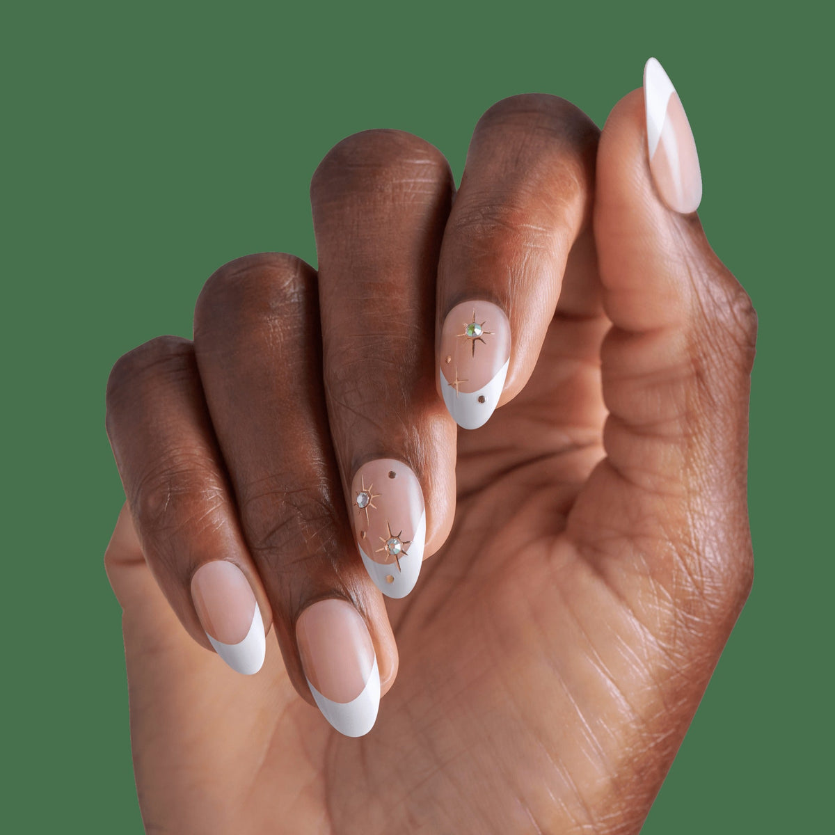 Impress Design No Glue Fake Press On Nails - Star Player | 3D & Jewel French, White, Medium, Almond, Manicure