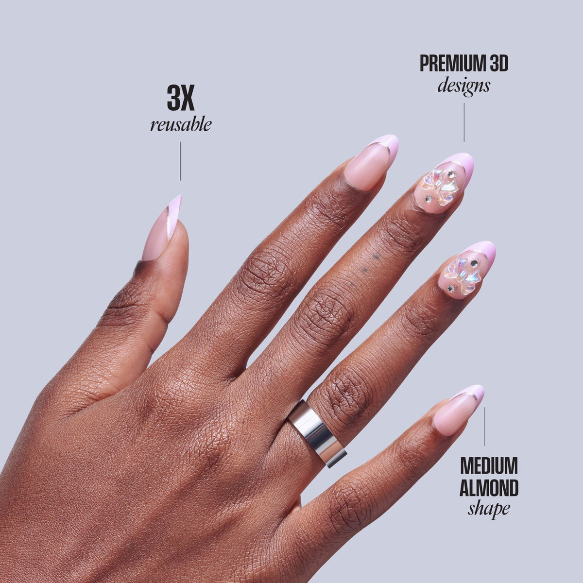 Kiss Icon Press On Fake Glue Nails - Vibrant | 3D & Jewel French, Pink, Medium, Almond