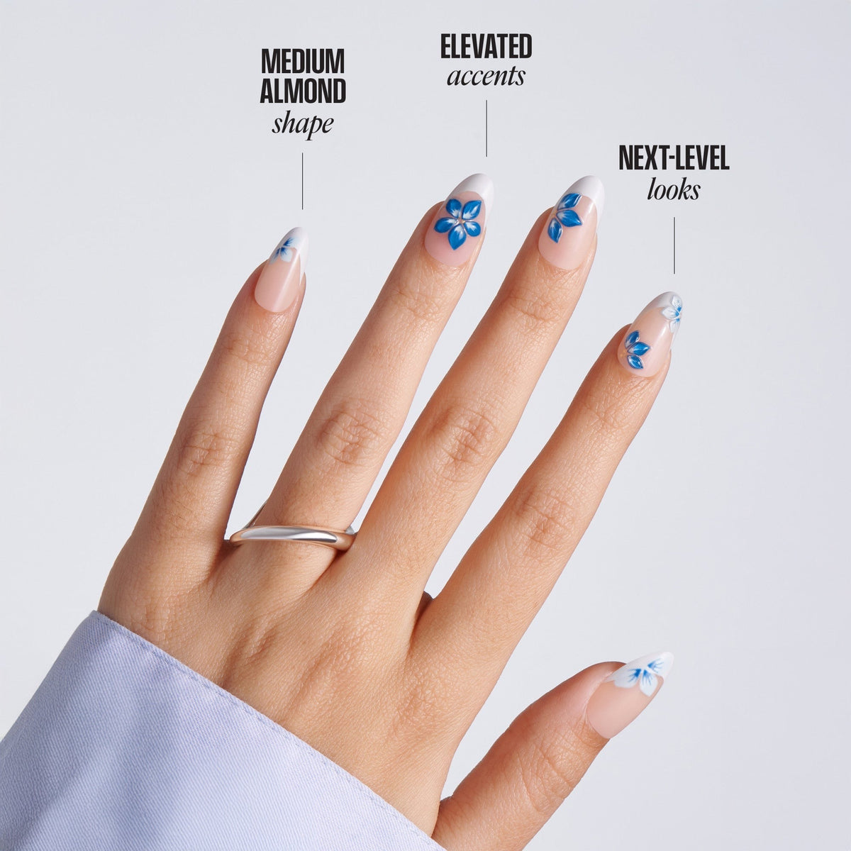 Kiss Glam Jeweled Press On Fake Glue Nails - Summer Drip | 3D & Jewel French Design, Blue & White, Medium, Almond