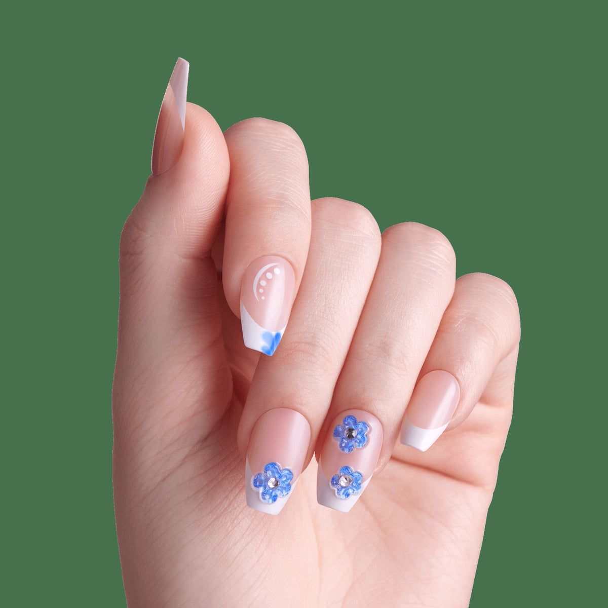 Impress Design No Glue Fake Press On Nails - Pure Ray | 3D & Jewel French Design, Blue & White, Medium, Coffin, Manicure