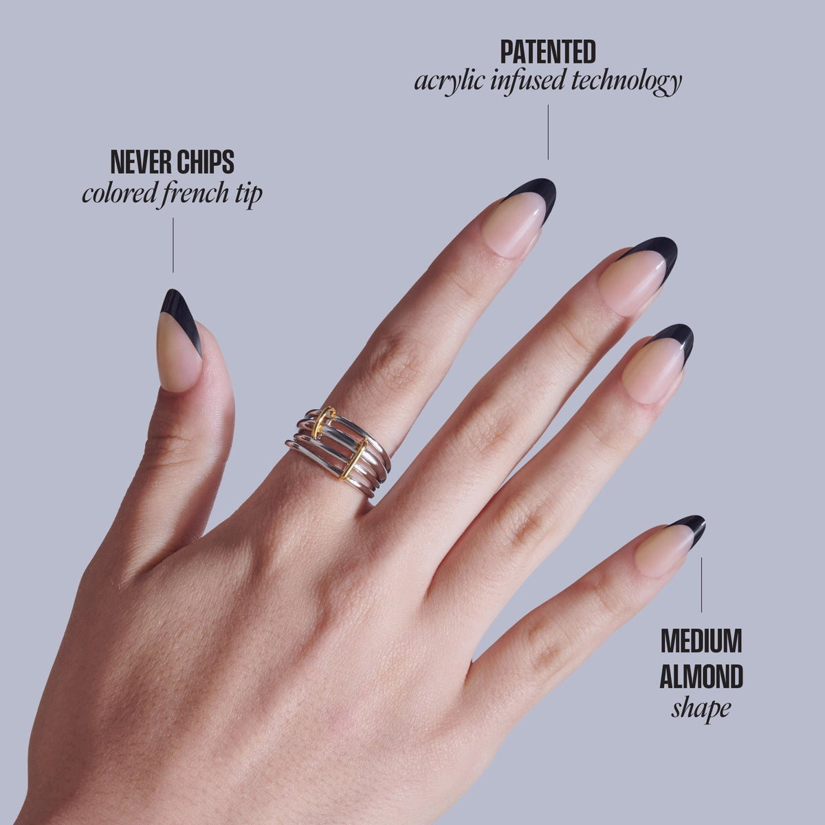 Kiss Core French Press On Fake Glue Nails - Full of Fun | French Tips, Black, Medium, Almond