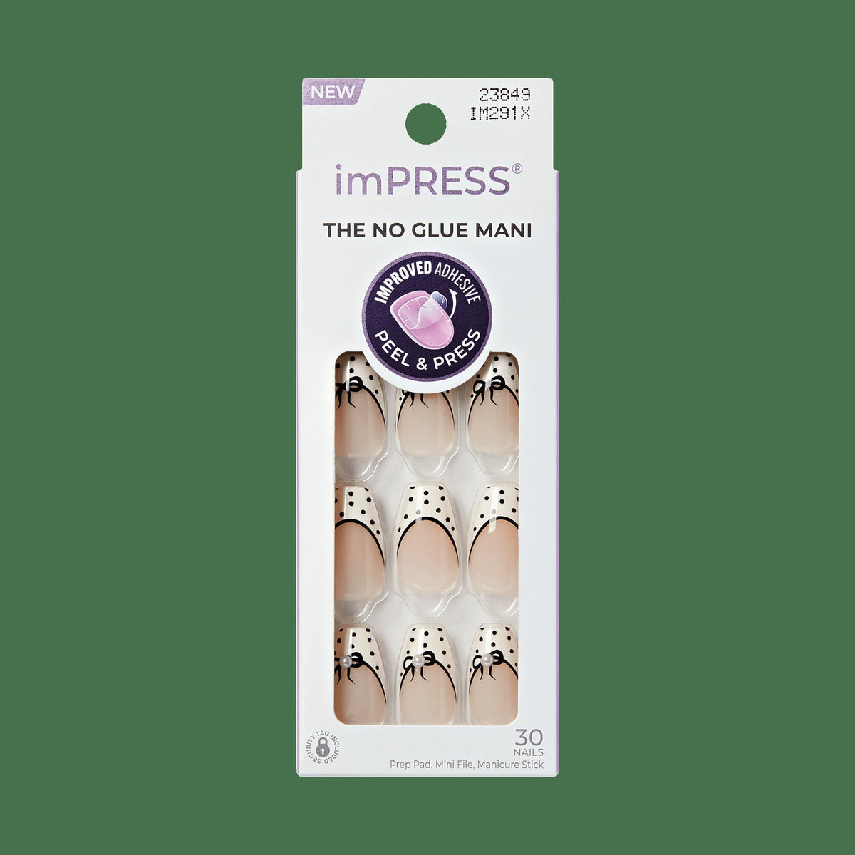 Impress Design No Glue Fake Press On Nails - Leafy | French Design, Black & White, Medium, Coffin, Manicure