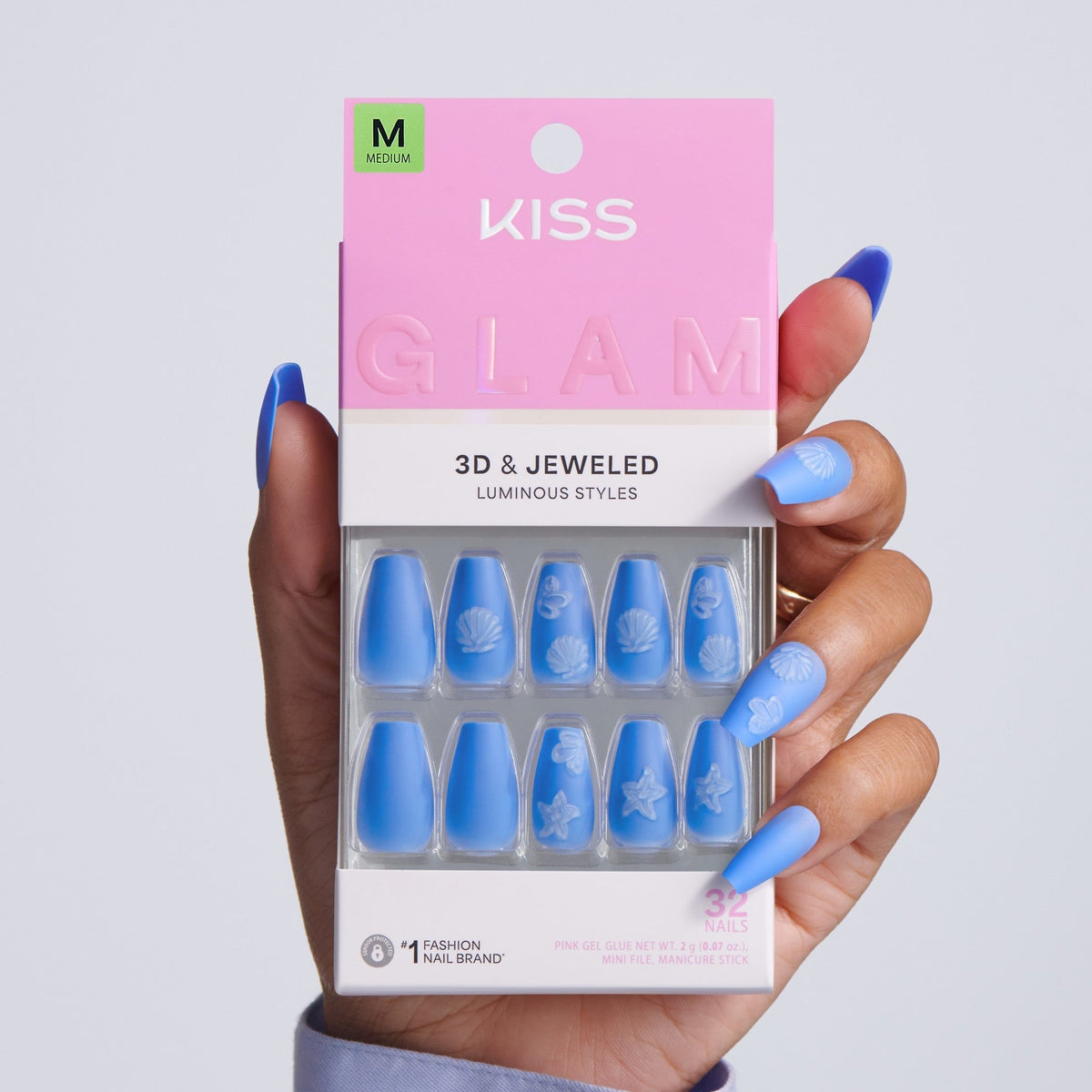 Kiss Glam Jeweled Press On Fake Glue Nails - Sunseeker | 3D & Jewel Design, Blue, Medium, Coffin