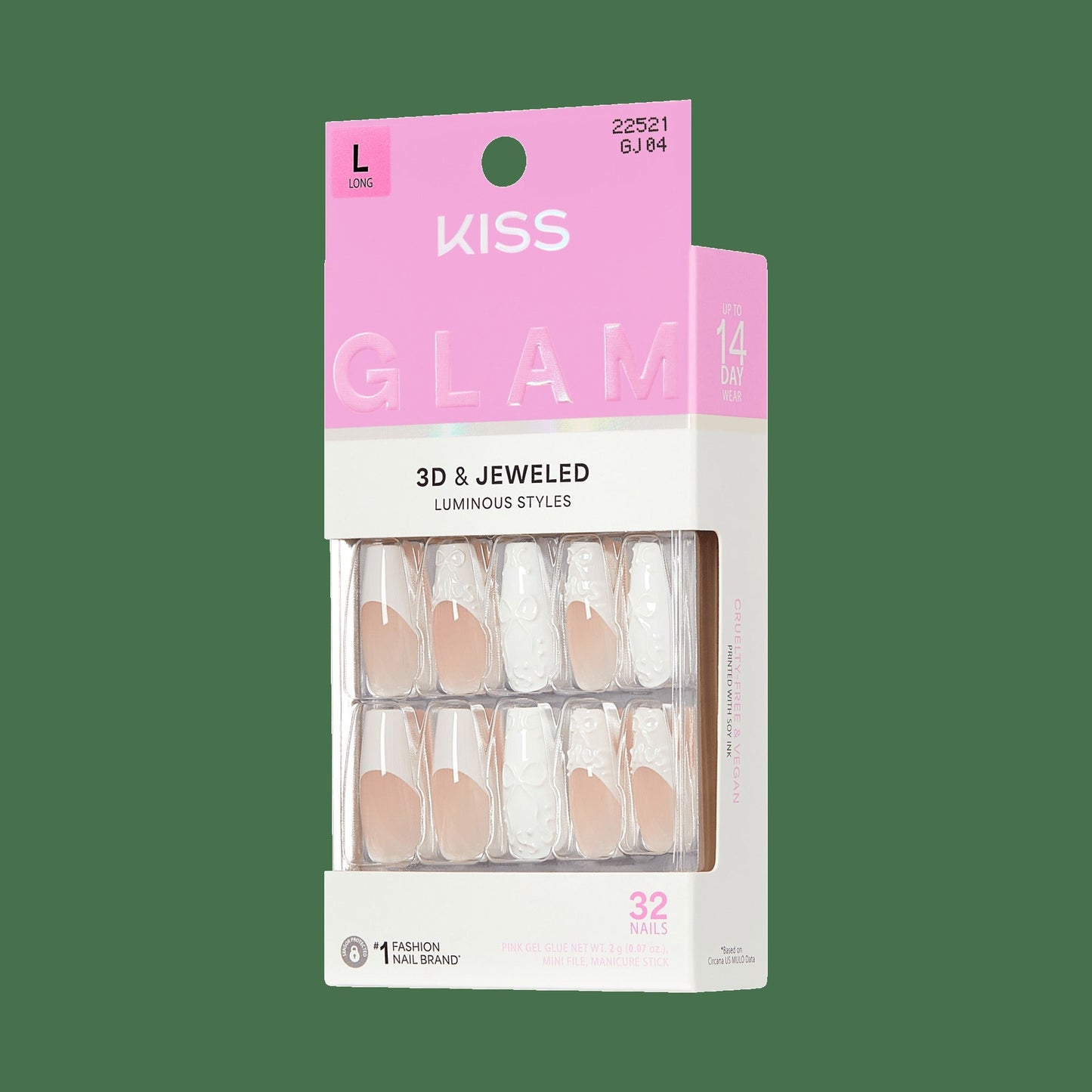 Kiss Glam 3D & Jewel Press On Fake Glue Nails - Breath of Harmony | French, White, Long, Coffin