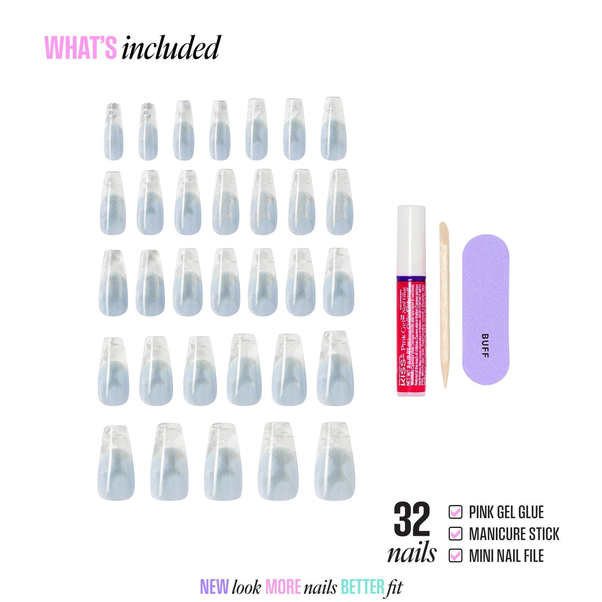 Kiss Glam 3D & Jewel Press On Fake Glue Nails - Seraphic | Design, Blue & Clear, Long, Coffin