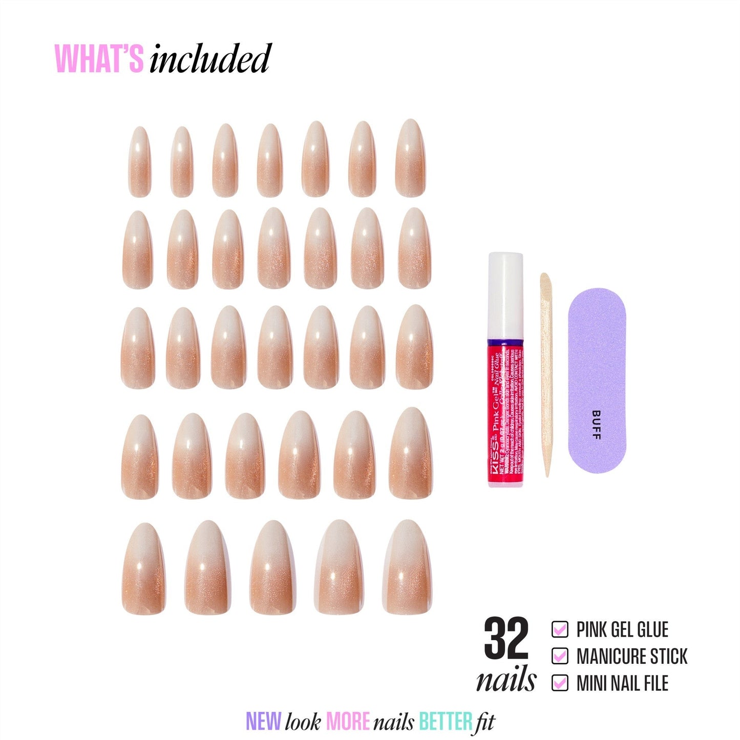 Kiss Glam Embellished Press On Fake Glue Nails - Day n Night | Design, Beige & White, Long, Almond