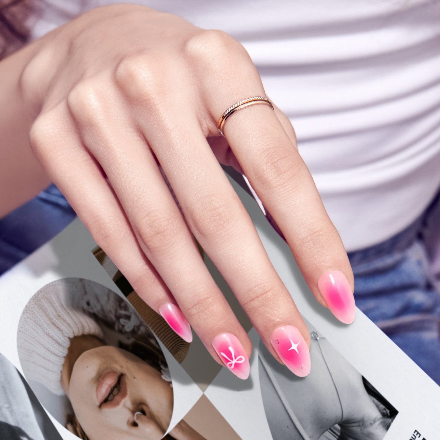 Kiss Core Design Press On Fake Glue Nails - My Time | Design, Pink, Medium, Almond