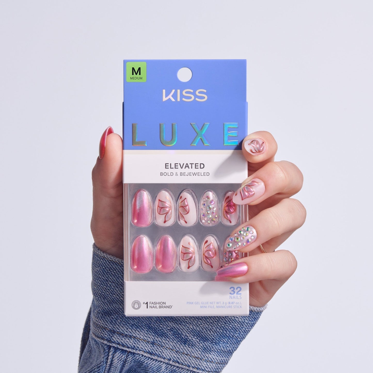 Kiss Luxe Press On Fake Glue Nails - Rose Knot | 3D & Jewel Design, Pink, Medium, Almond