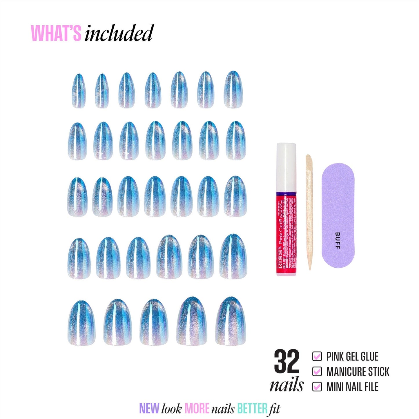 Kiss Glam Embellished Press On Fake Glue Nails - Glow Forever | Design, Blue, Medium, Almond